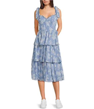B. Darlin Floral Printed Sweetheart Neck Tie Shoulder Tiered Midi Dress