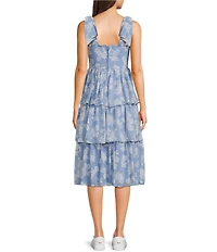 B. Darlin Floral Printed Sweetheart Neck Tie Shoulder Tiered Midi Dress