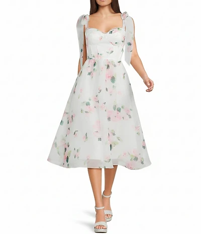 B. Darlin Floral Printed Sweetheart Neck Trim Tie-Shoulder Corseted Midi Dress