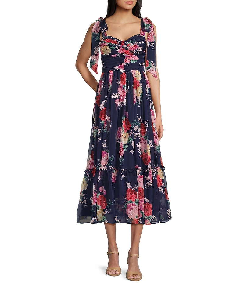 B. Darlin Floral Printed Tie Shoulder Shirred Bust Ruffle Midi Dress