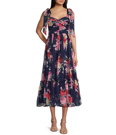 B. Darlin Floral Printed Tie Shoulder Shirred Bust Ruffle Midi Dress