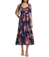 B. Darlin Floral Printed Tie Shoulder Shirred Bust Ruffle Midi Dress