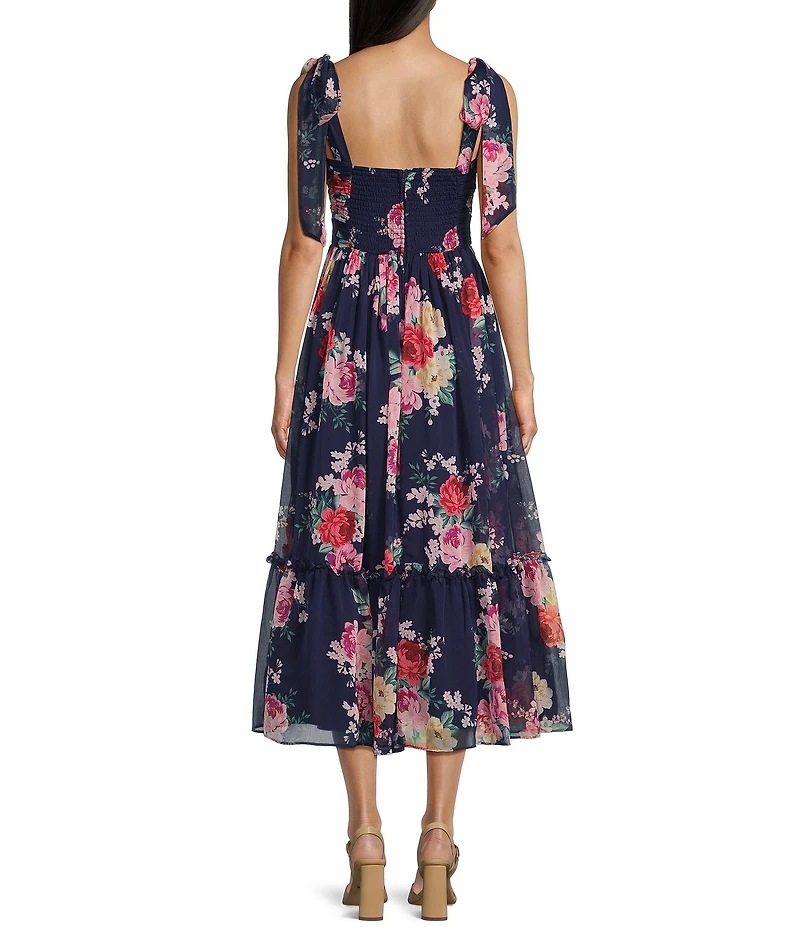 B. Darlin Floral Printed Tie Shoulder Shirred Bust Ruffle Midi Dress