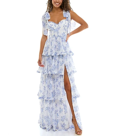 B. Darlin Floral Printed Tie Shoulder Sweetheart Neck Corseted Tiered Ruffle Long Dress
