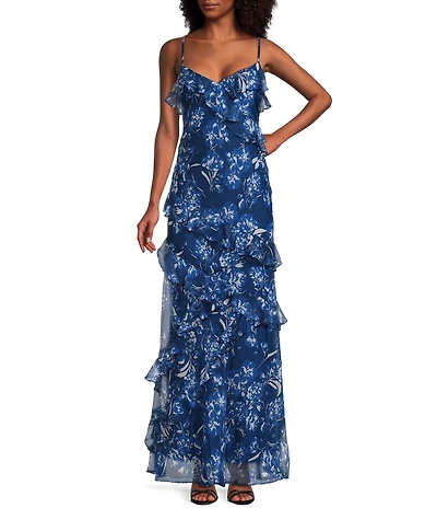 B. Darlin Floral Printed V-Neck Asymmetric Ruffle Maxi Dress