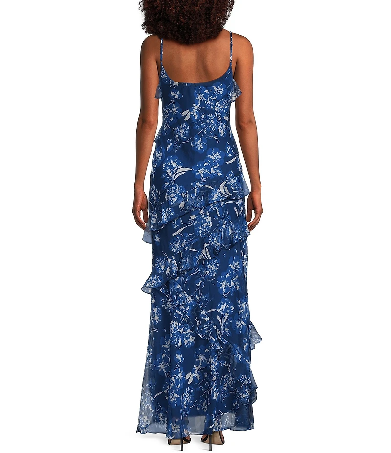 B. Darlin Floral Printed V-Neck Asymmetric Ruffle Maxi Dress