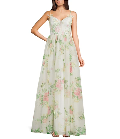 B. Darlin Floral Printed V-Neck Corseted Bow Detailed Lace Up Back Dress