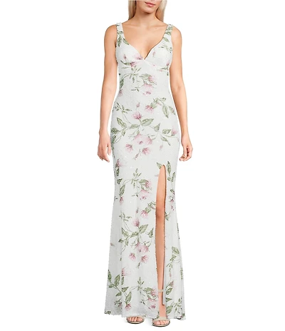 B. Darlin Floral Printed Beaded V-Neck Front Slit Tie Back Long Dress