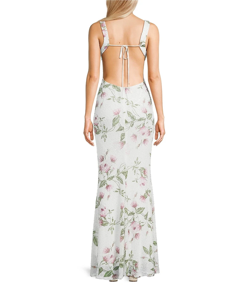 B. Darlin Floral Printed Beaded V-Neck Front Slit Tie Back Long Dress