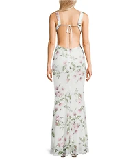 B. Darlin Floral Printed Beaded V-Neck Front Slit Tie Back Long Dress