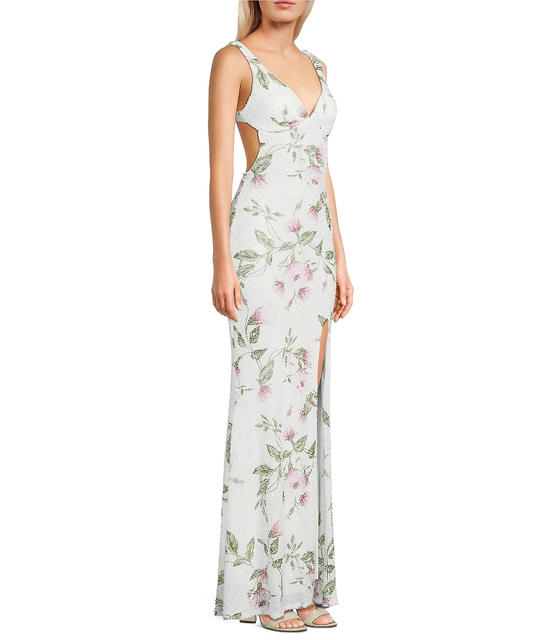 B. Darlin Floral Printed Beaded V-Neck Front Slit Tie Back Long Dress