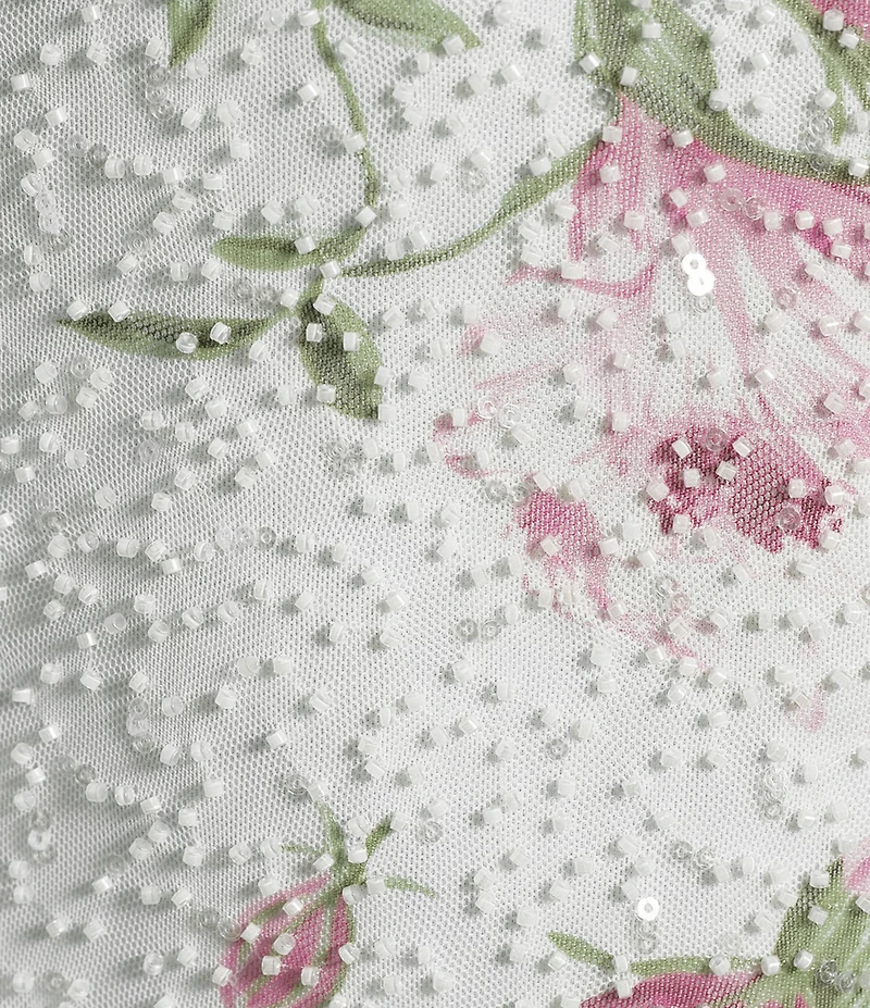 B. Darlin Floral Printed Beaded V-Neck Front Slit Tie Back Long Dress