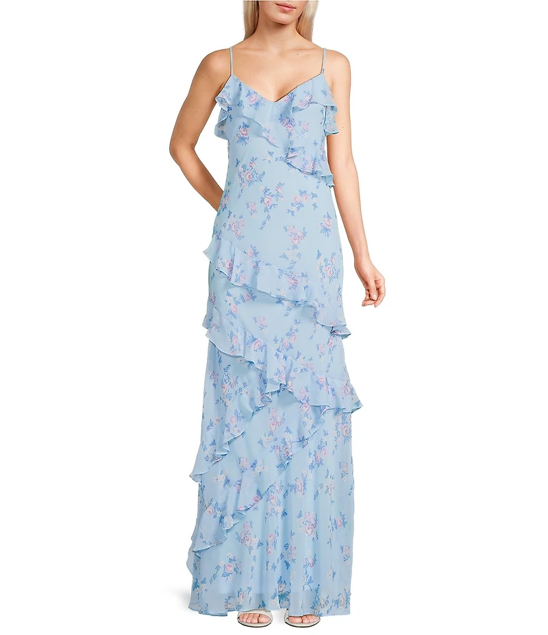 B. Darlin Floral Printed V-Neck Ruffled Maxi Dress