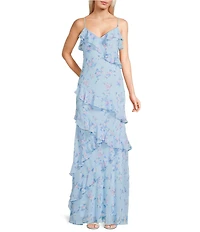 B. Darlin Floral Printed V-Neck Ruffled Maxi Dress