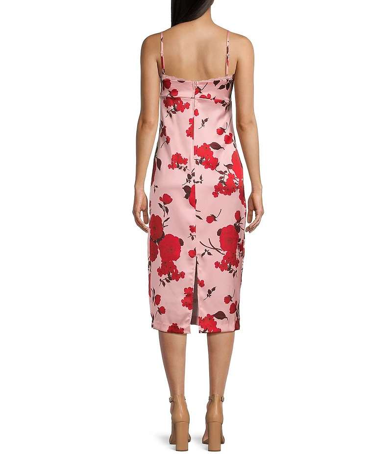 B. Darlin Floral Satin Spaghetti Strap Sweetheart-Neck Fitted Midi Dress