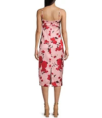 B. Darlin Floral Satin Spaghetti Strap Sweetheart-Neck Fitted Midi Dress