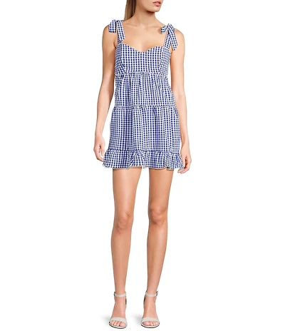 B. Darlin Gingham Print Tie Strap Sweetheart Neck Trim Detail Babydoll Dress