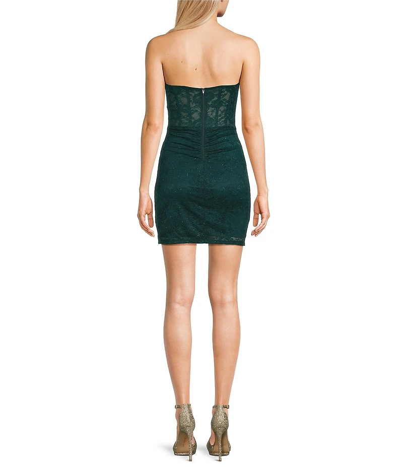 B. Darlin Glitter Accented Lace Halter V-Neck Illusion Bodice Shirred Bodycon Dress