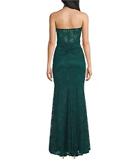 B. Darlin Glitter Lace Halter V-Neck Illusion Corset Side Slit Dress