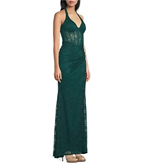 B. Darlin Glitter Lace Halter V-Neck Illusion Corset Side Slit Dress