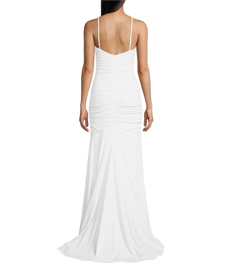 B. Darlin Glitter Ruched Cowl Neck Long Dress