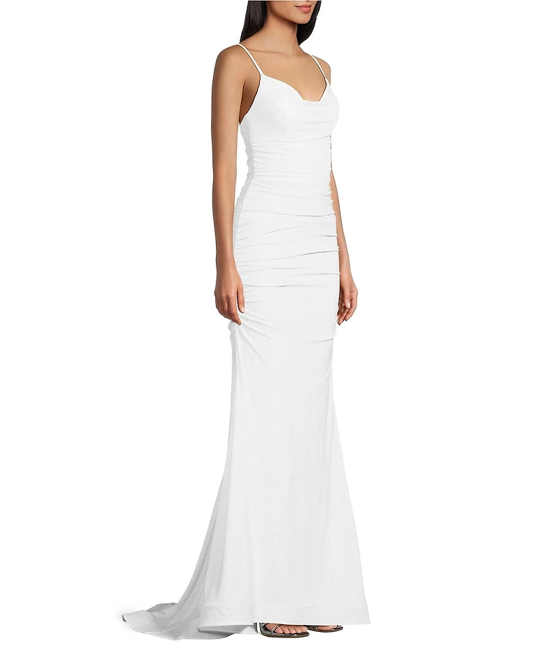 B. Darlin Glitter Ruched Cowl Neck Long Dress
