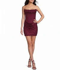 B. Darlin Glitter Strapless Cowl Neck Corseted Drape Front Lace Up Back Bodycon Dress