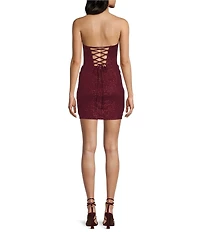 B. Darlin Glitter Strapless Cowl Neck Corseted Drape Front Lace Up Back Bodycon Dress