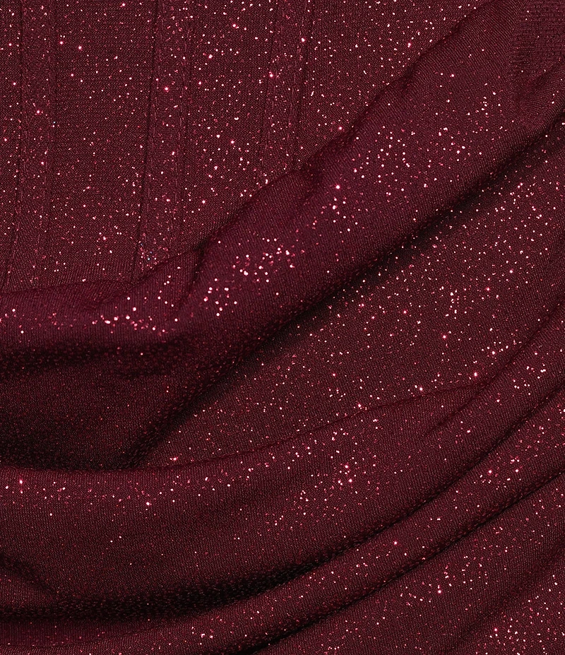 B. Darlin Glitter Strapless Cowl Neck Corseted Drape Front Lace Up Back Bodycon Dress