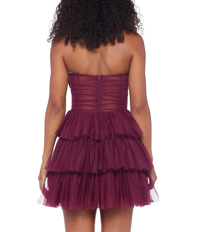 B. Darlin Glitter Strapless Sweetheart Neck Illusion Bodice Layered Ruffle Dress