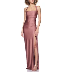 B. Darlin Halter-Neck Shirred Front Slit Fitted Dress