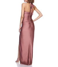 B. Darlin Halter-Neck Shirred Front Slit Fitted Dress