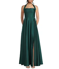 B. Darlin Halter Straight Neck Center Back Smocking Side Slit Dress