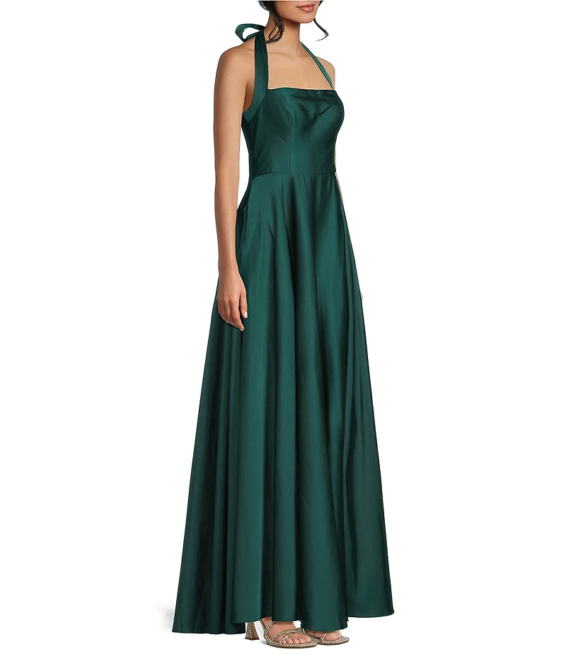 B. Darlin Halter Straight Neck Center Back Smocking Side Slit Dress