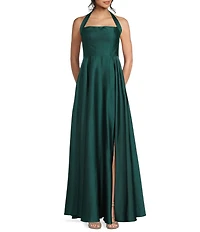 B. Darlin Halter Straight Neck Center Back Smocking Side Slit Dress