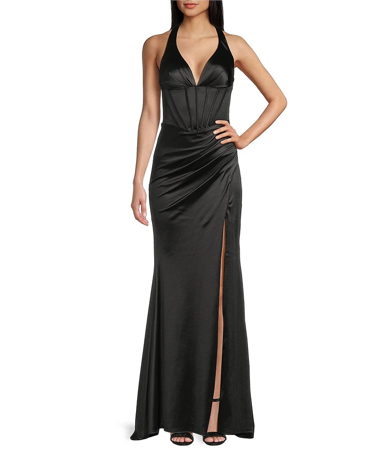 B. Darlin Halter V-Neck Corseted Ruched Side Slit Long Dress