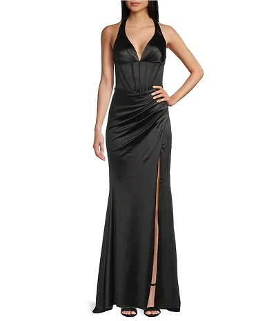B. Darlin Halter V-Neck Corseted Ruched Side Slit Long Dress