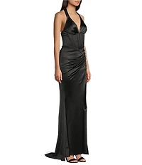 B. Darlin Halter V-Neck Corseted Ruched Side Slit Long Dress
