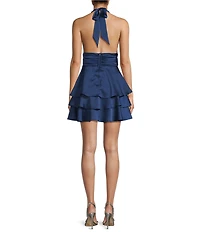 B. Darlin Halter V-Neck Ruched Waist Layered Skirt Bubble Satin Dress