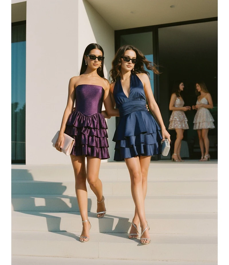 B. Darlin Halter V-Neck Ruched Waist Layered Skirt Bubble Satin Dress