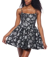 B. Darlin Jacquard Floral Printed Lurex Scoop Neck Fit & Flare Dress
