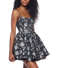 B. Darlin Jacquard Floral Printed Lurex Scoop Neck Fit & Flare Dress