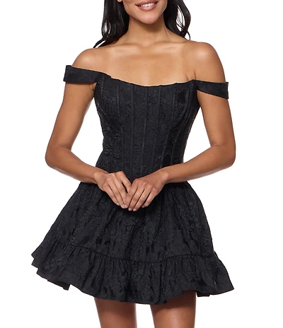B. Darlin Jacquard Off-The-Shoulder Corseted Fit-And-Flare Dress