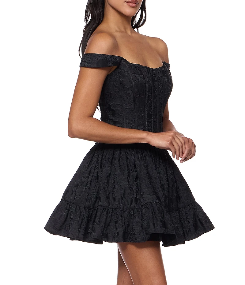B. Darlin Jacquard Off-The-Shoulder Corseted Fit-And-Flare Dress