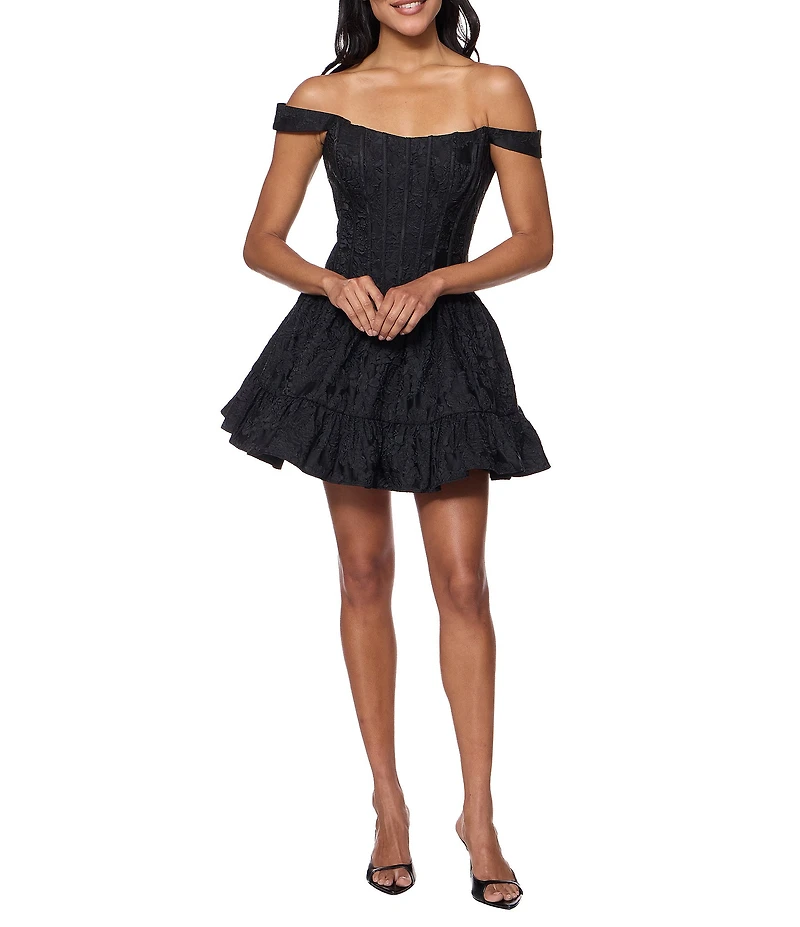 B. Darlin Jacquard Off-The-Shoulder Corseted Fit-And-Flare Dress