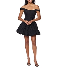 B. Darlin Jacquard Off-The-Shoulder Corseted Fit-And-Flare Dress