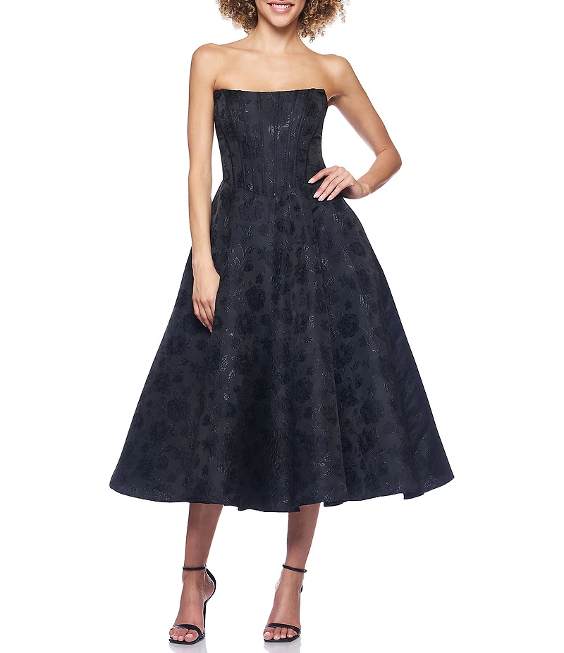 B. Darlin Jacquard Strapless Scoop Neck Bustier Bodice A-Line Midi Dress