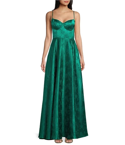 B. Darlin Jacquard Sweetheart Neck Corseted Bodice Side Slit Dress