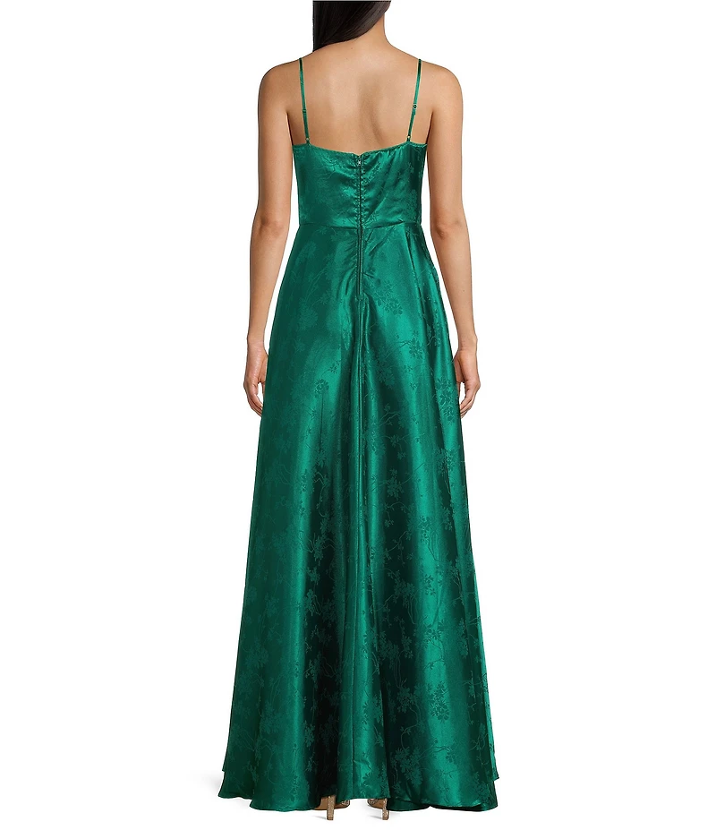 B. Darlin Jacquard Sweetheart Neck Corseted Bodice Side Slit Dress