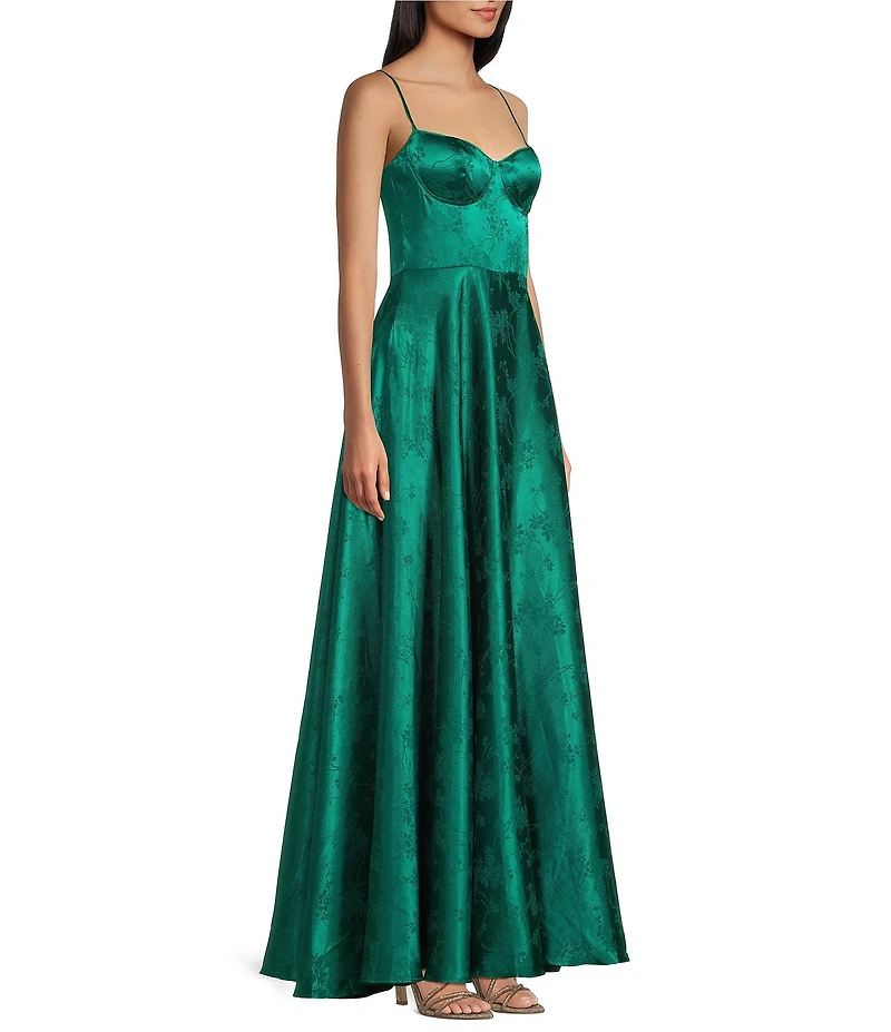 B. Darlin Jacquard Sweetheart Neck Corseted Bodice Side Slit Dress